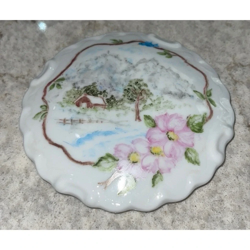 VTG painted China Trinket jewelry Dish Lid flowers Cottage-core Granny Scotland